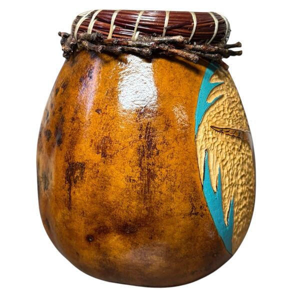 Vintage‎ Hand Carved Painted Gourd 6.5" Vase Hummingbird Signed Folk Art Decor - Picture 4 of 11